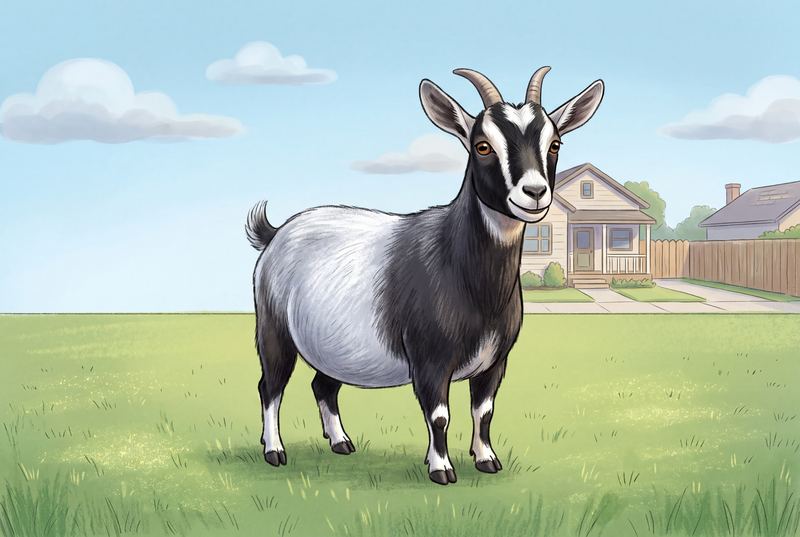 Daisy, a small black-and-silver goat, standing on a lawn in a town backyard.