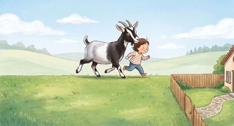 Daisy trotting across the grass beside a small child.