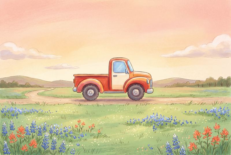 A small farm truck driving along a dirt road at sunrise.