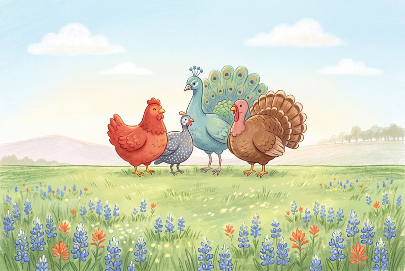 A hen, a guinea fowl, a peacock and a turkey standing together.