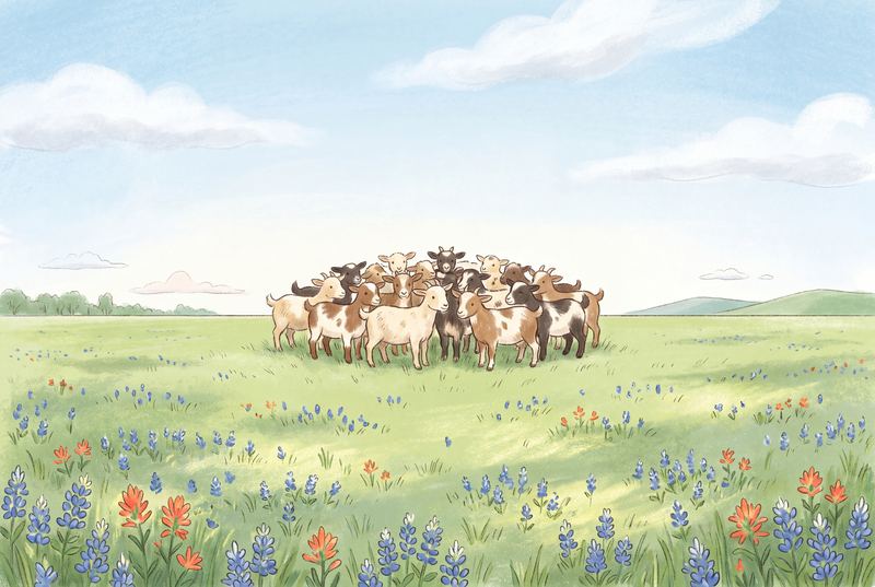 A herd of small goats gathered together on the pasture.