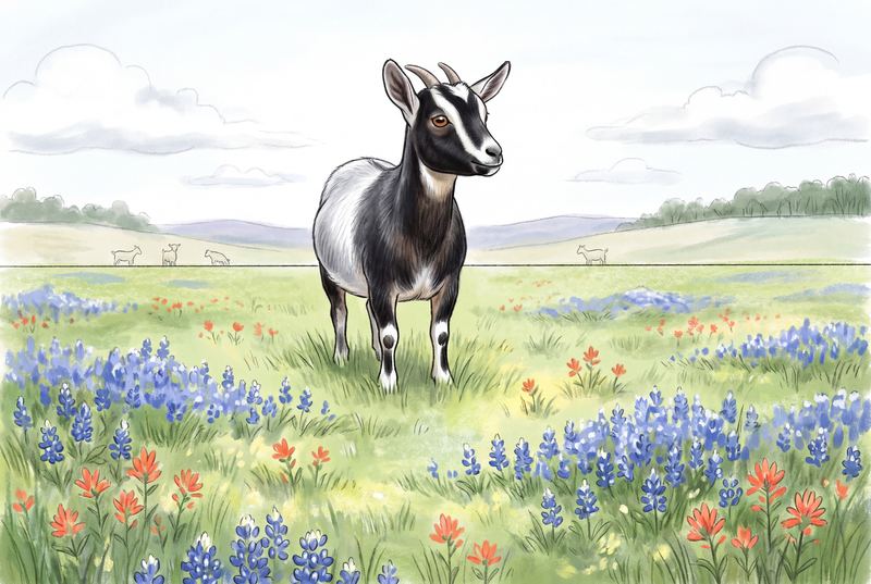 Daisy standing alone on the pasture, looking toward goats in the distance.