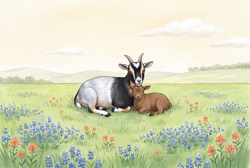 Daisy resting on the grass beside another goat.