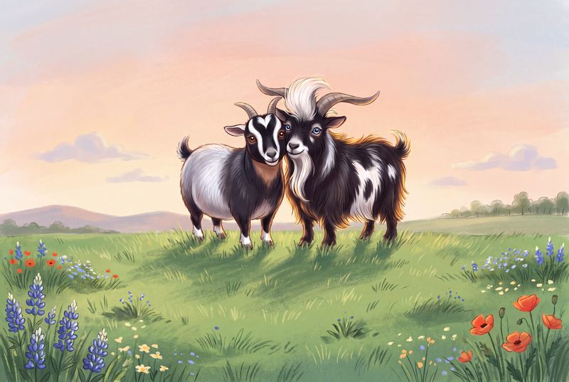 Daisy standing shoulder to shoulder with Elvis, a shaggy black goat with big horns.