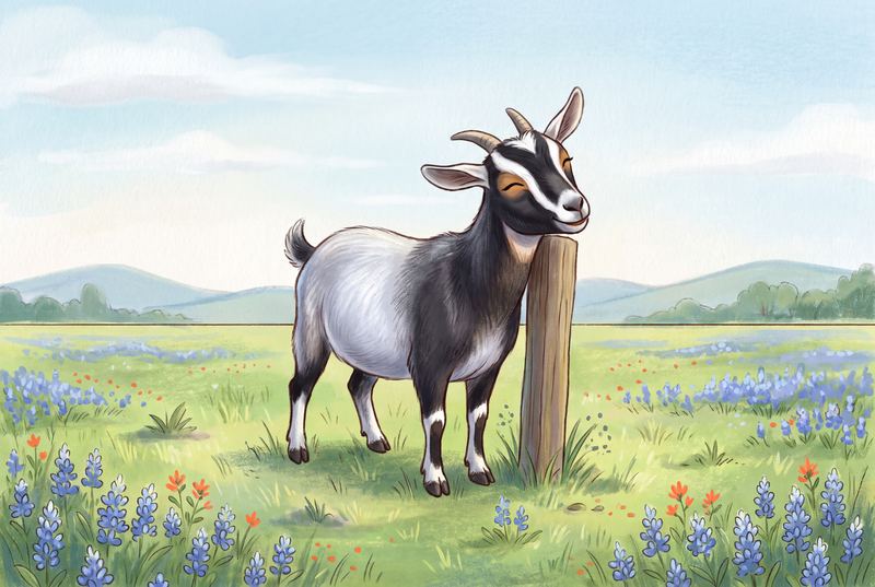 Daisy scratching her back against a wooden fence post.