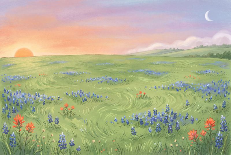 An empty pasture at dusk with the sun setting at one edge and the moon rising at the other.