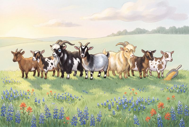 A line of goats waiting shoulder to shoulder while feed is poured.