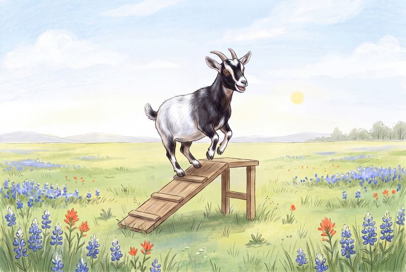 Daisy standing on top of a wooden goat playground ramp.