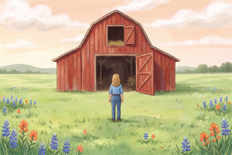 The farmer standing still in front of an open barn door at sunrise.