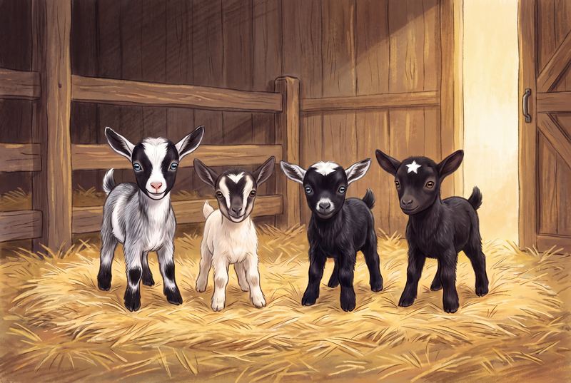 Four newborn goat kids standing in a row on golden straw.