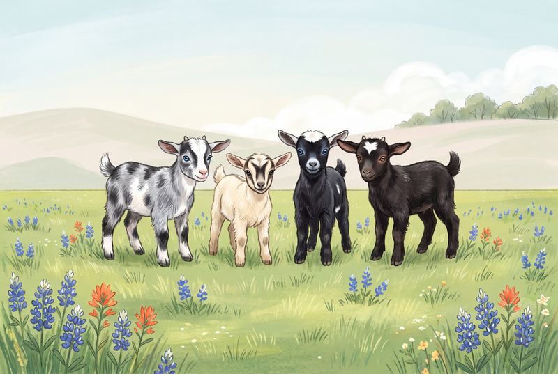 The four goat kids playing together on spring grass.