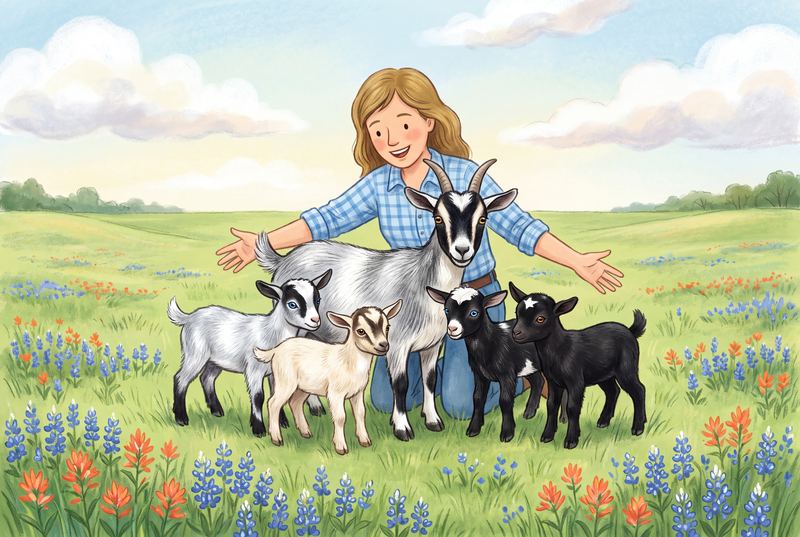 The farmer kneeling in front of Daisy and her four kids.