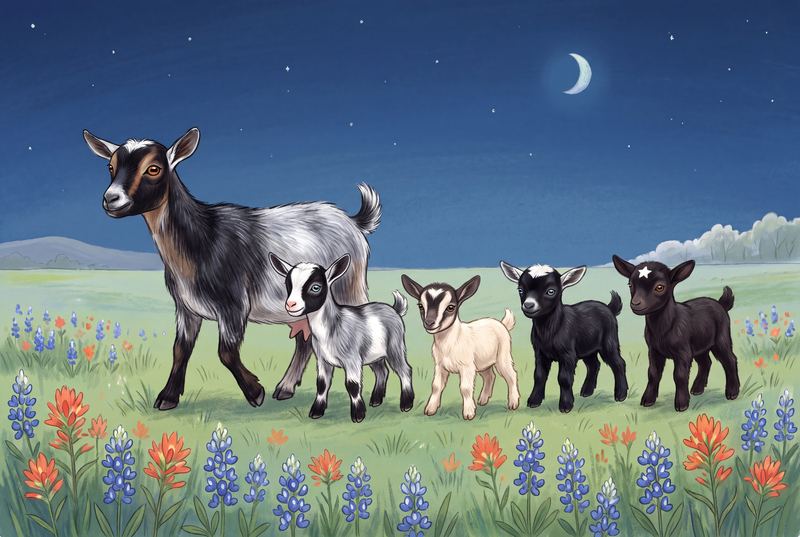 Daisy walking under the moon with her four kids following in a line.