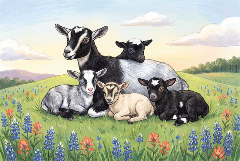 Daisy resting on a sunny hilltop with her four kids piled around her.
